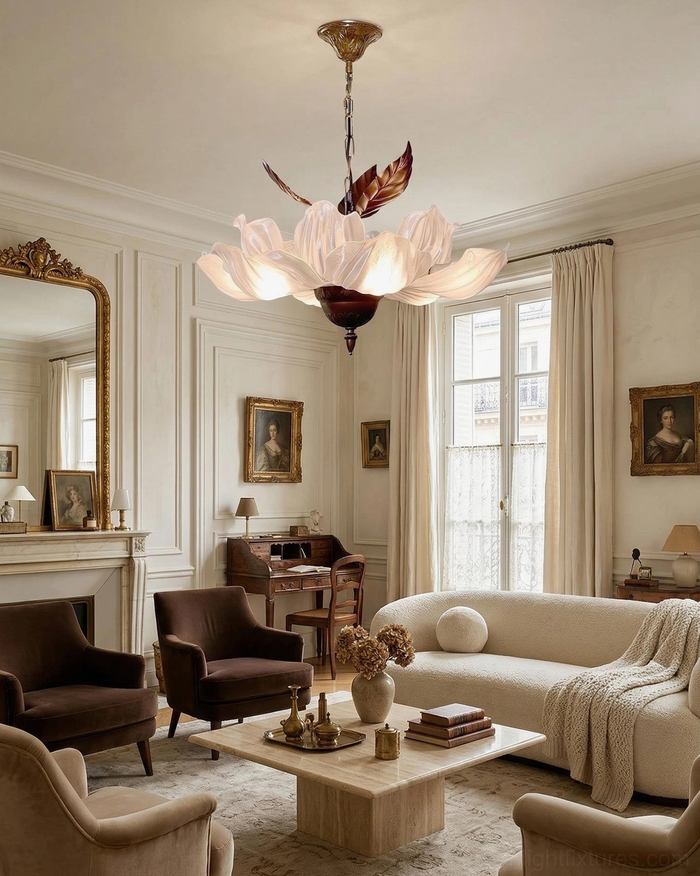 Magnolia Bloom pendant chandelier overhead in classic French living room with sofa and fireplace