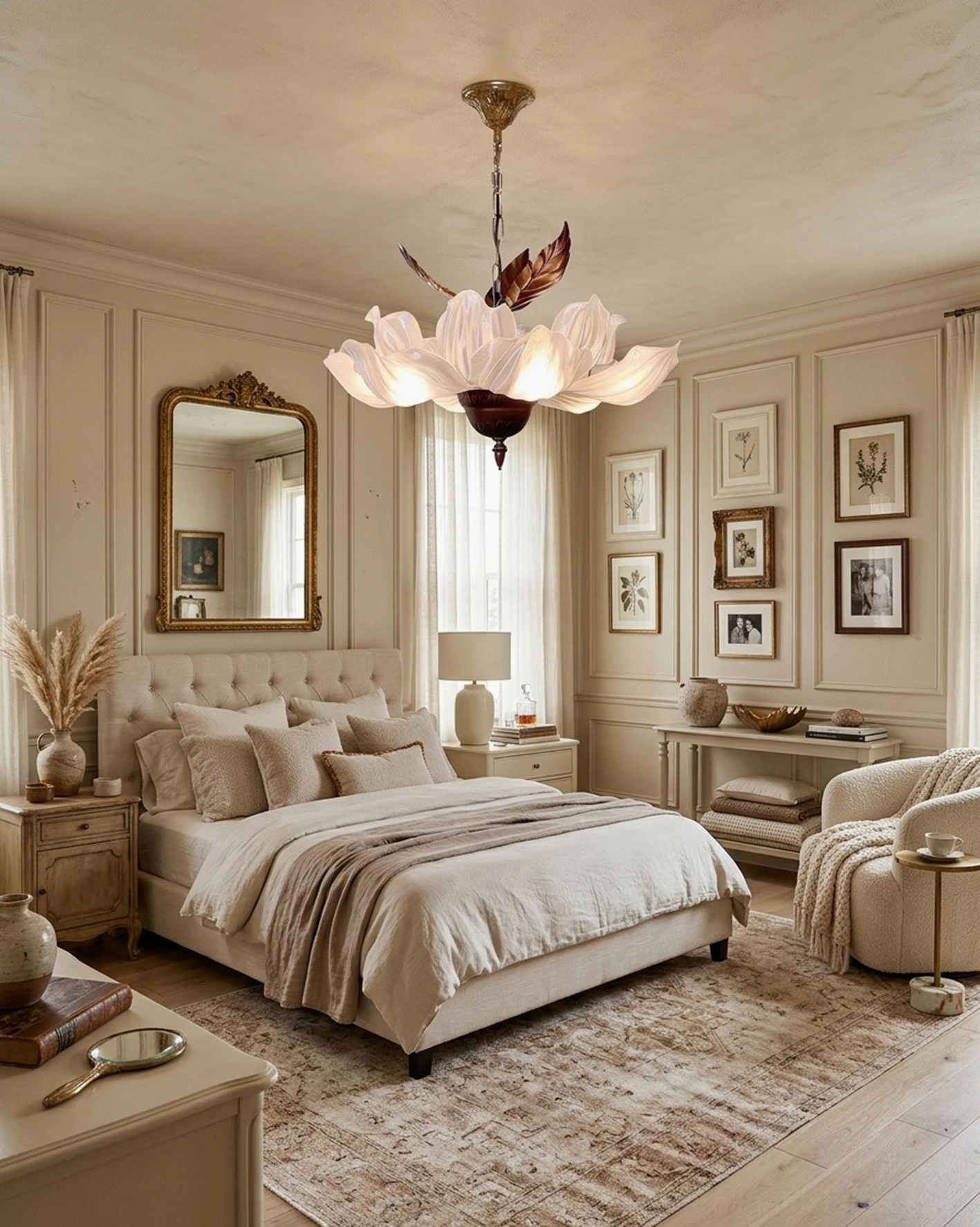 Magnolia Bloom chandelier ceiling installation in elegant master bedroom with gallery wall decor