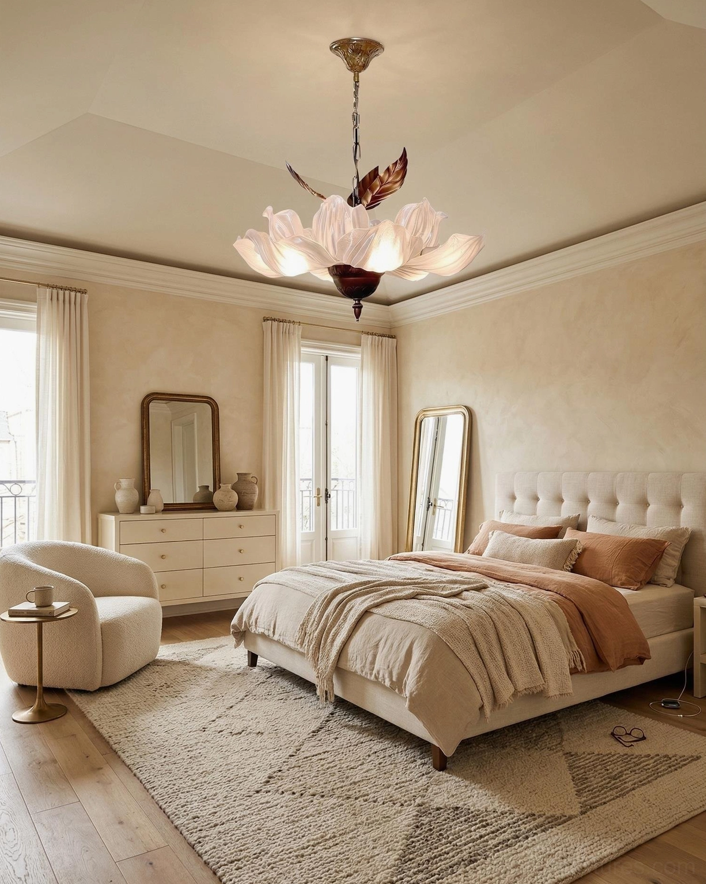 Magnolia Bloom chandelier in minimalist vintage bedroom with tufted bed and neutral area rug