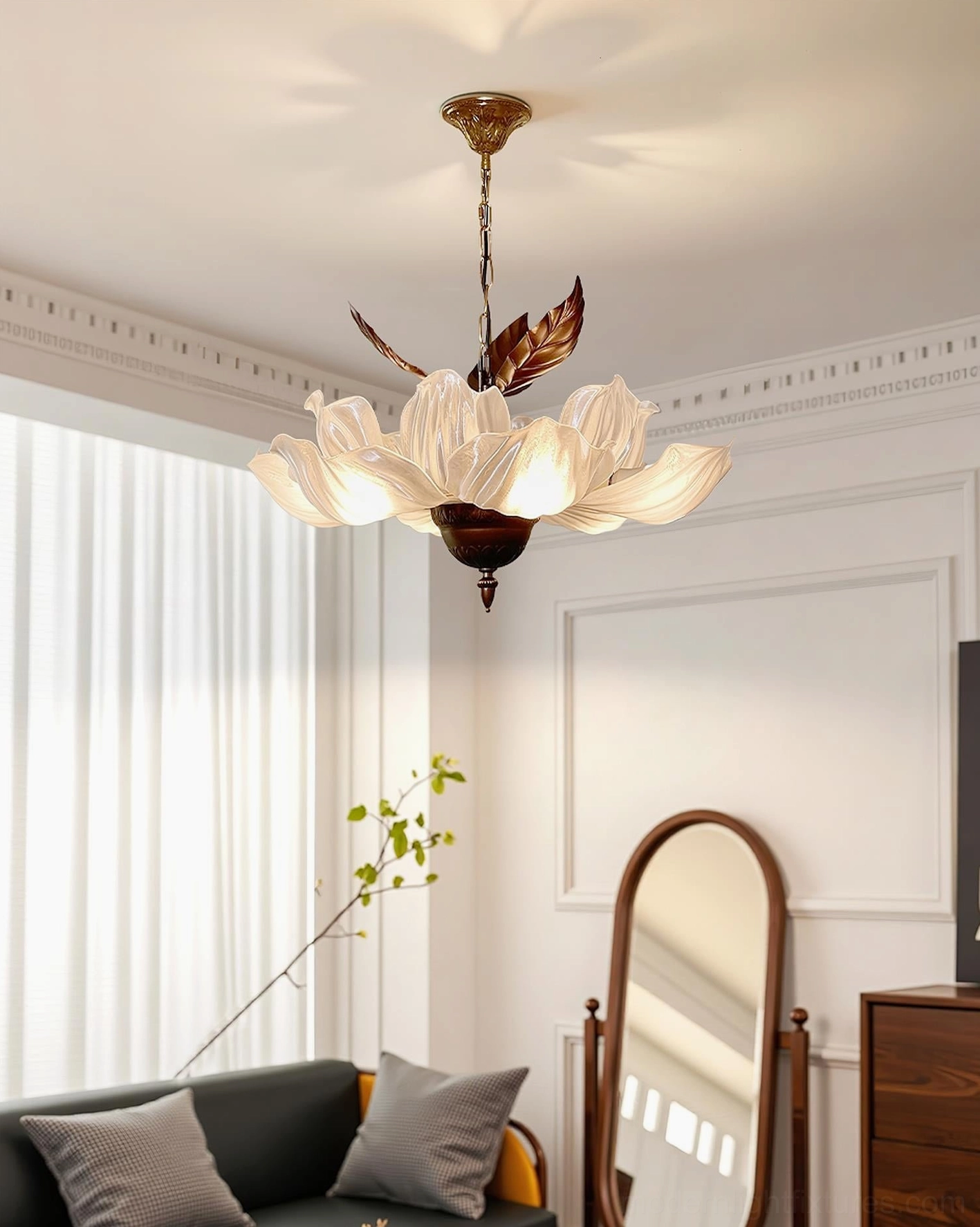 Magnolia Bloom botanical petal chandelier low angle view in cozy sitting area with full length mirror