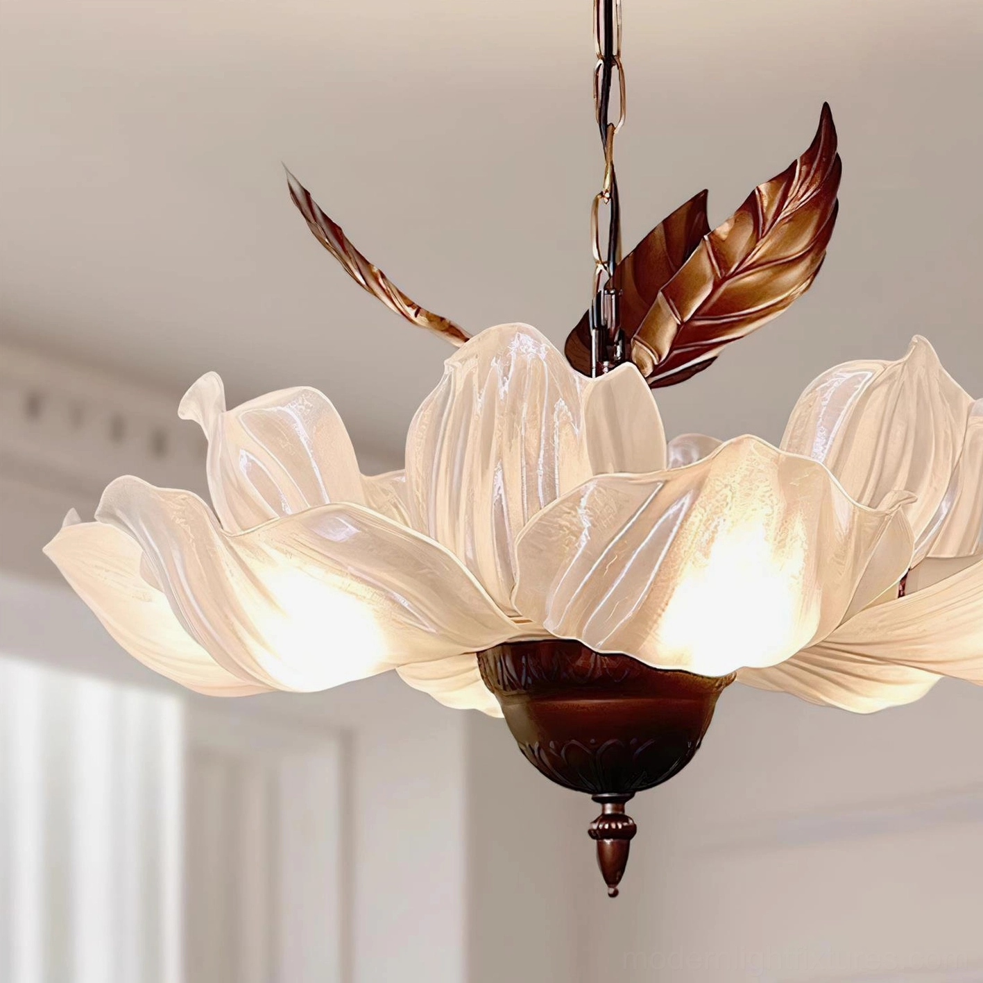 Magnolia Bloom botanical pendant light fixture showing six socket configuration and hanging chain