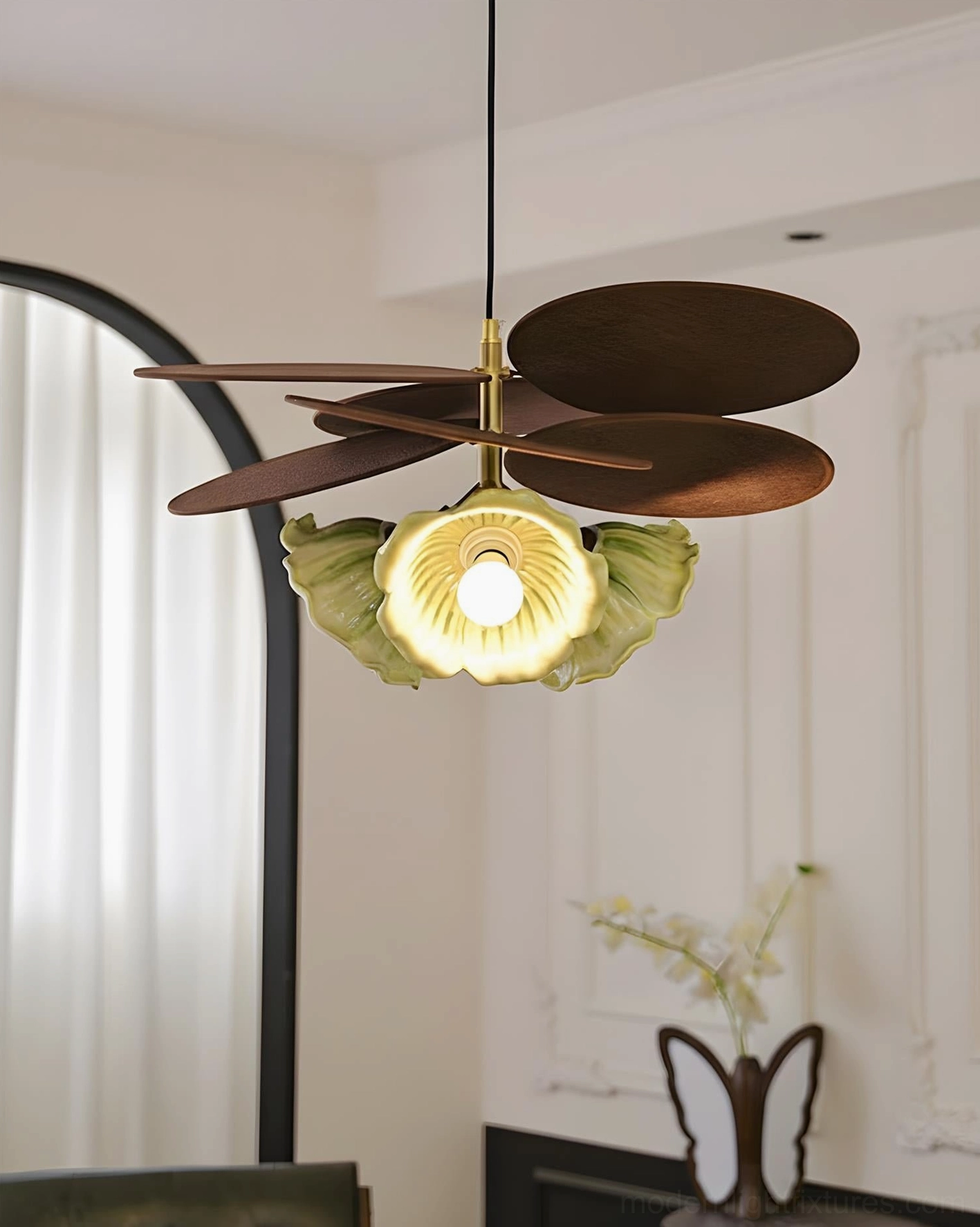 Magnolia floral ceiling fixture artistic close-up showing ceramic petal layers and sculptural detail work