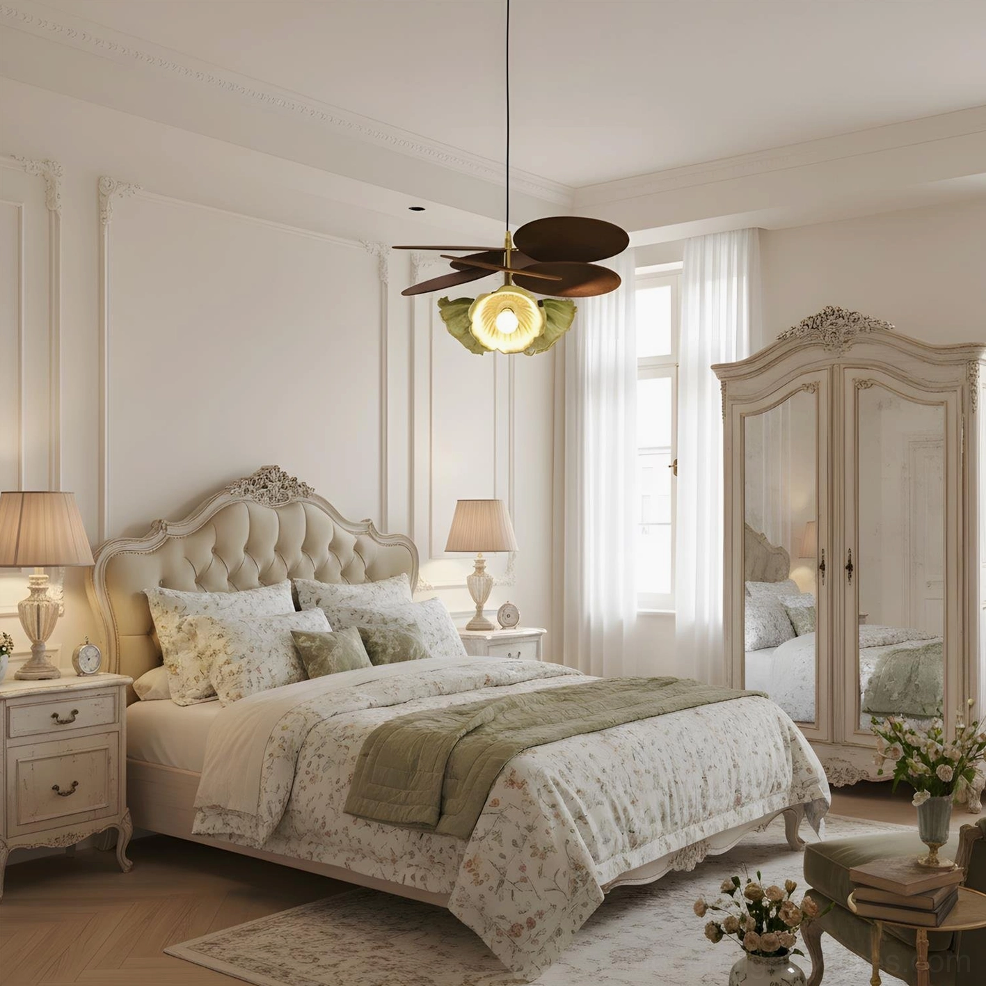 Magnolia decorative ceiling pendant in bedroom with romantic French provincial decor and tufted bed