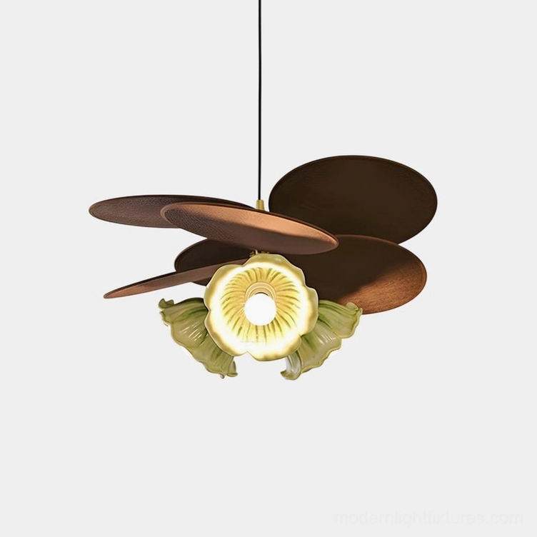 Magnolia sculptural ceramic pendant light with layered petal design in brown finish, front studio close-up view