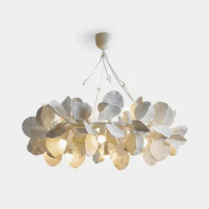 Magnolia Crown Chandelier overhead studio view showing sculptural white plaster petals forming elegant crown design