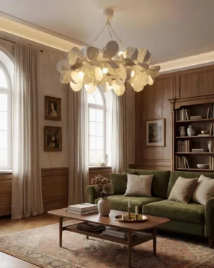 Magnolia Crown Chandelier installed in retro vintage living room with wooden furniture warm neutral decor