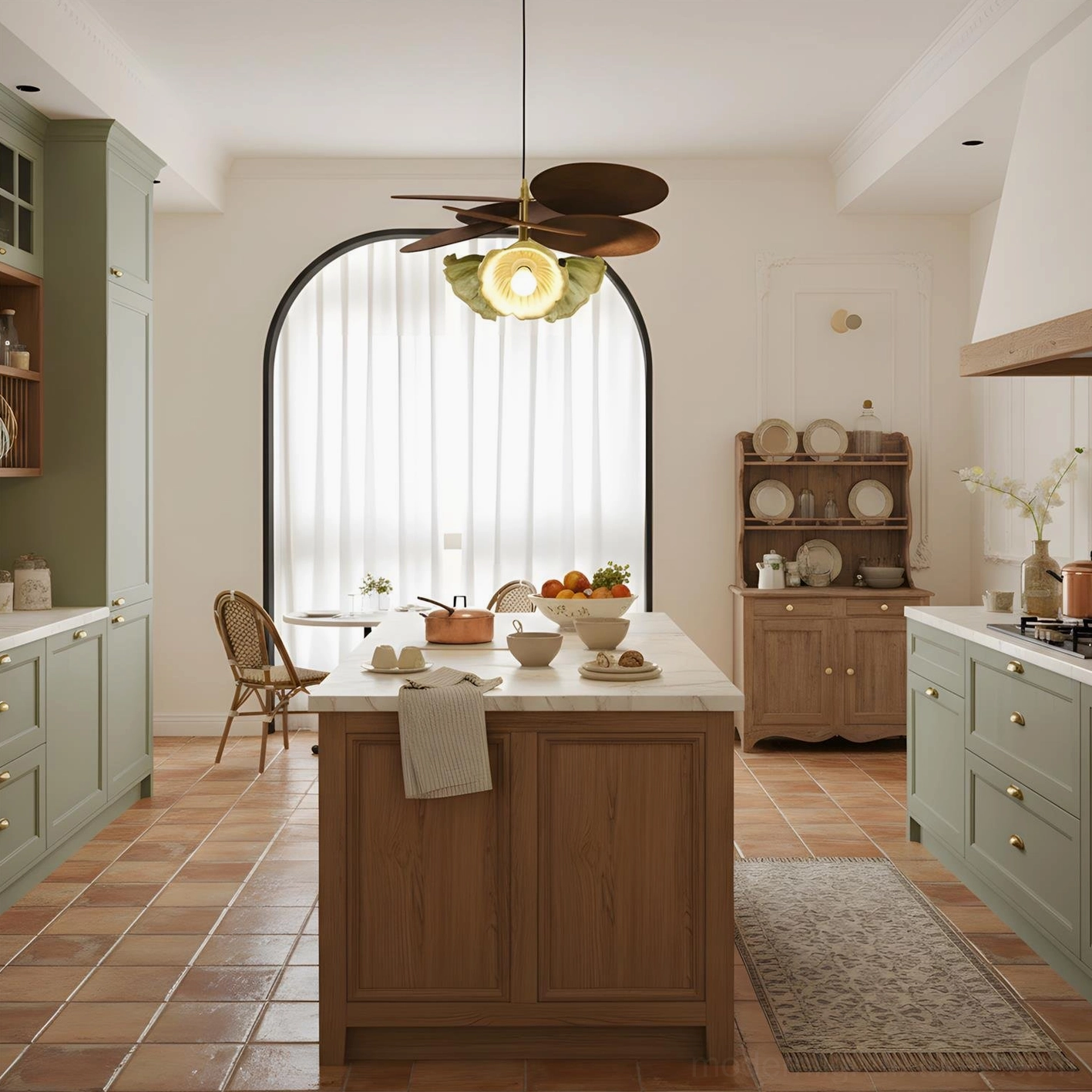 Magnolia decorative pendant light in transitional interior space with mixed vintage and modern furnishings