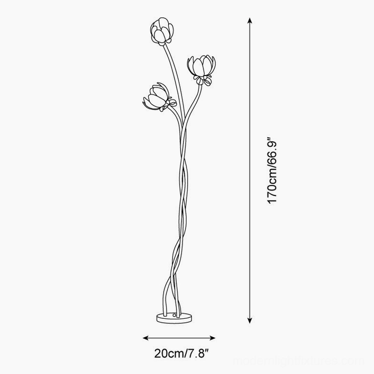 Technical line drawing of magnolia bud floor lamp showing dimensions 170cm height and 20cm bloom diameter measurements