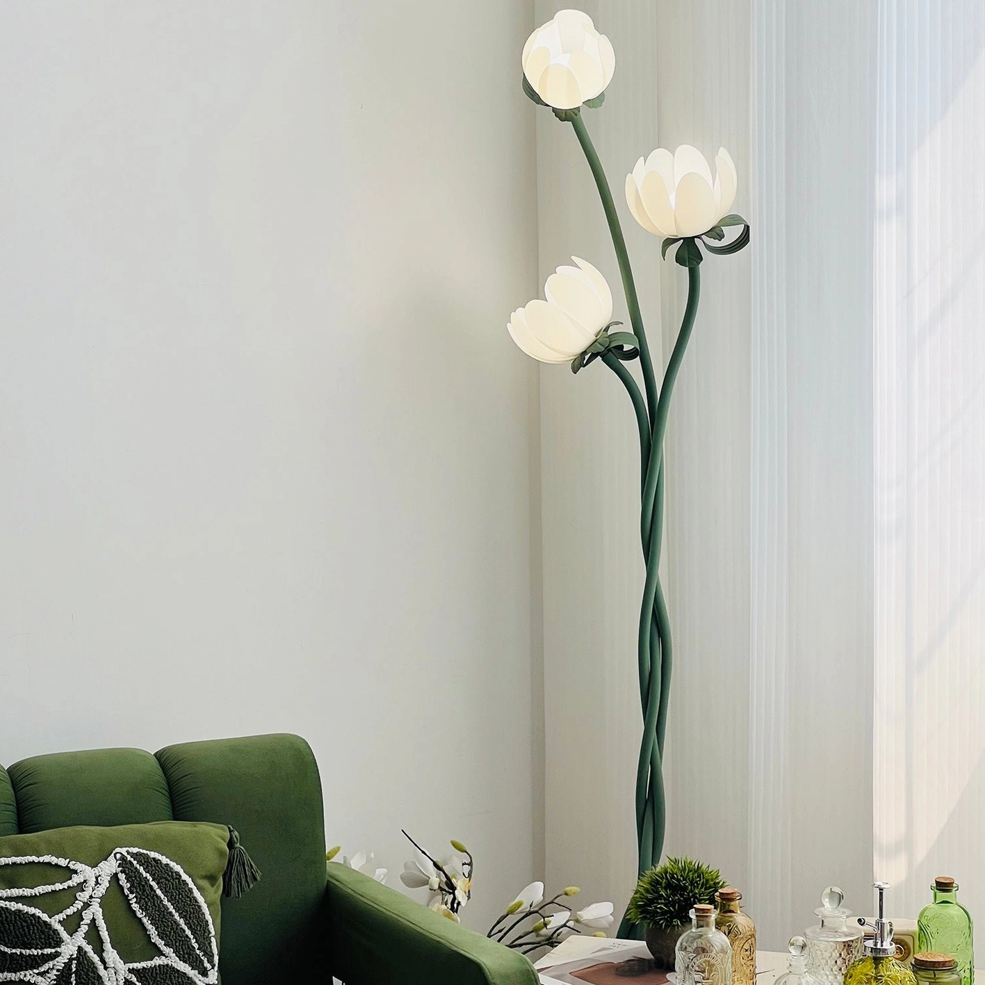 Three-head magnolia bud floor lamp full-length view showing 170cm height proportion in contemporary interior space
