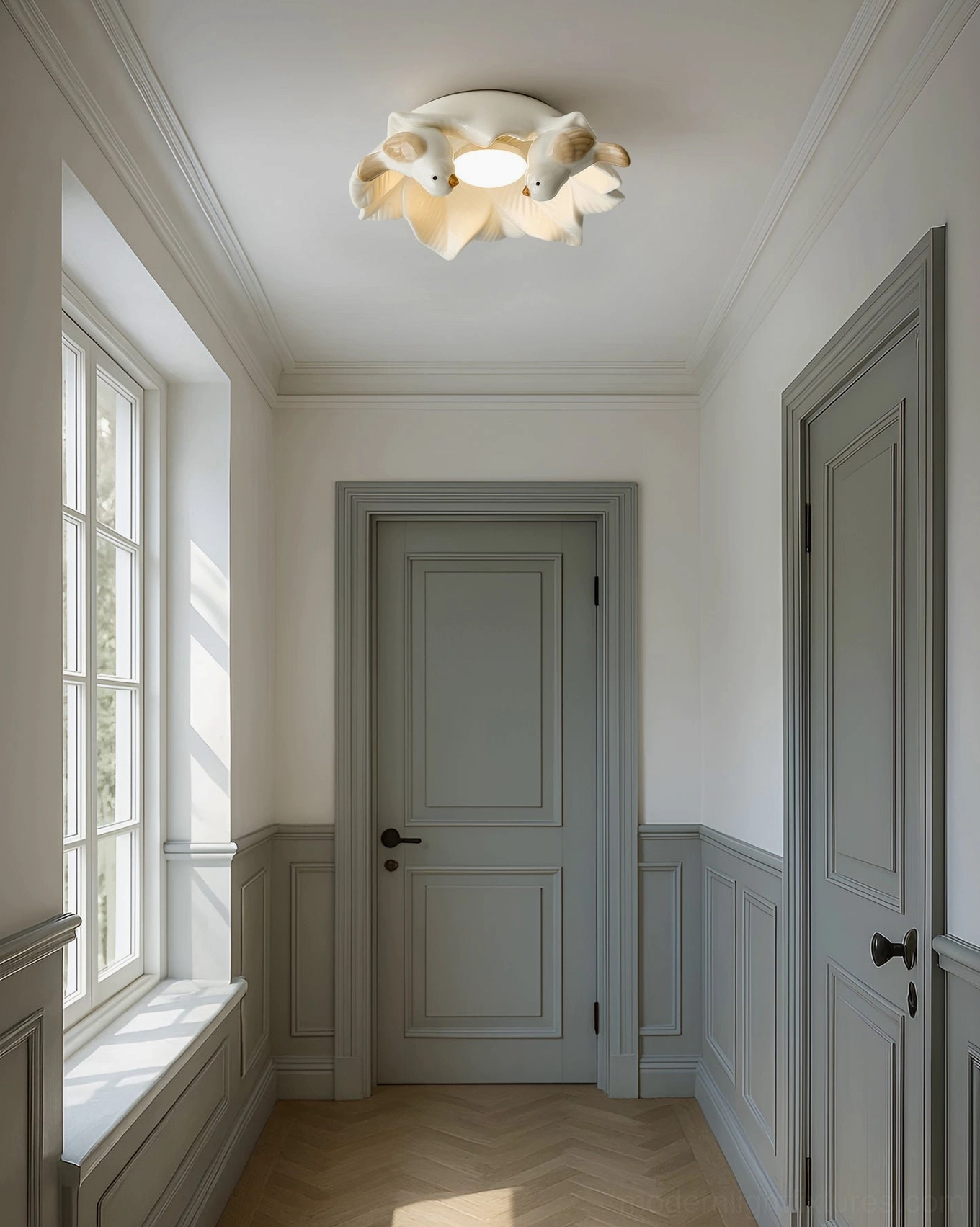 Magnolia Nest ceiling light fixture installed in residential hallway creating warm ambient farmhouse lighting