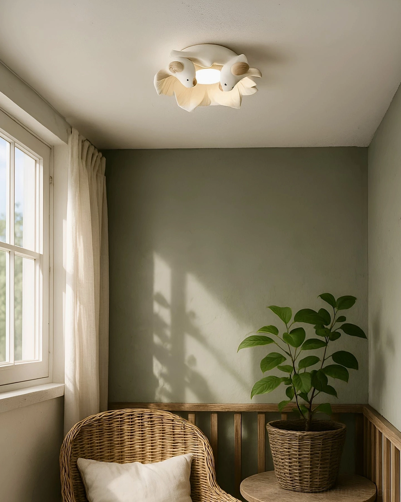 Magnolia Nest ceramic bird ceiling fixture in cozy residential sitting nook with green wall and natural daylight ambiance