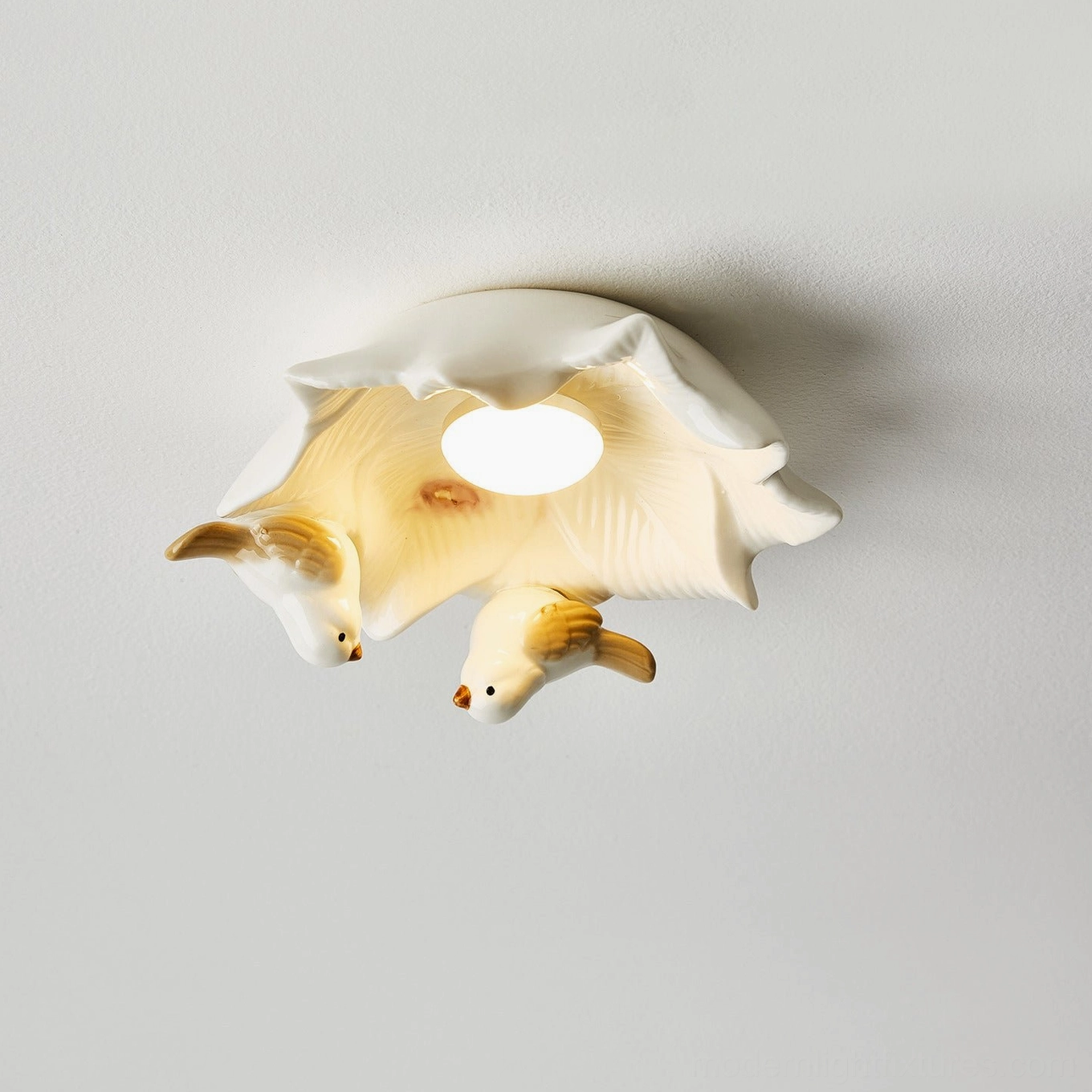 Contemporary Magnolia Nest ceiling light fixture with bird sculptures ideal for modern farmhouse bedroom and bathroom design