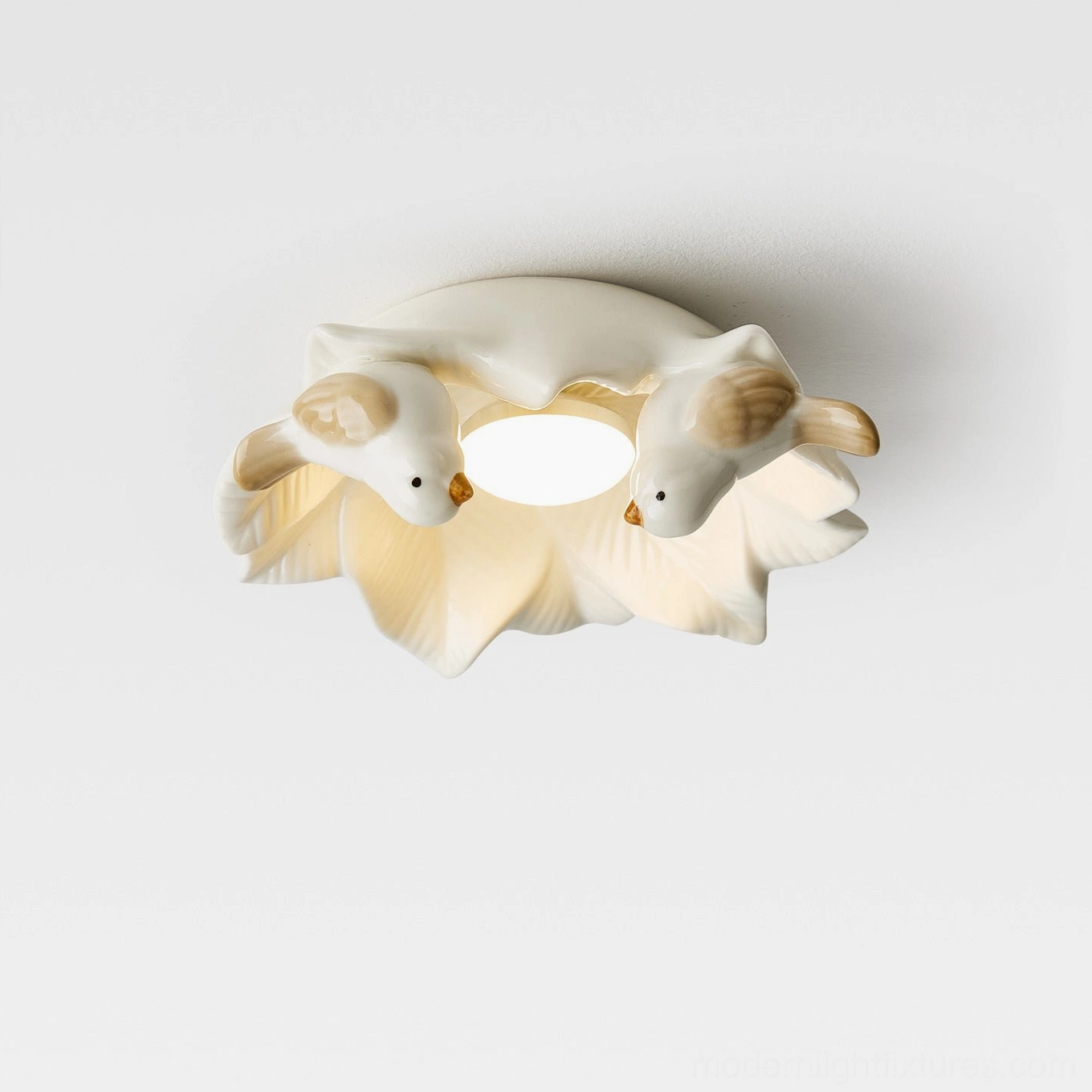 Premium Magnolia Nest modern ceiling light fixture featuring ceramic birds and magnolia-inspired botanical sculptural design
