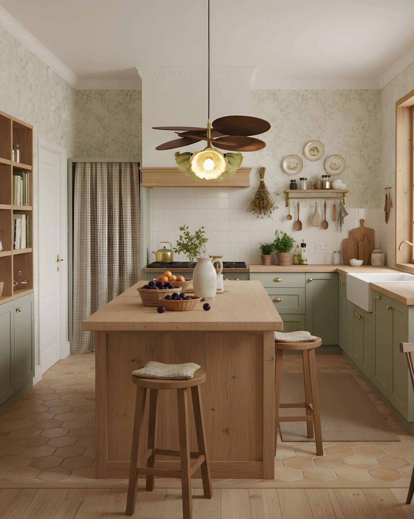 Magnolia pendant light hanging in casual family dining room with natural light from windows, warm ambient glow