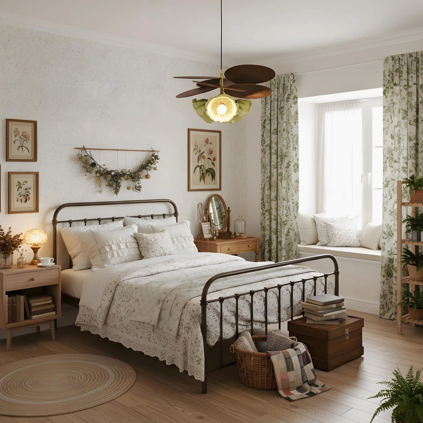 Magnolia pendant fixture with floral botanical styling coordinating with French country curtains and gallery wall