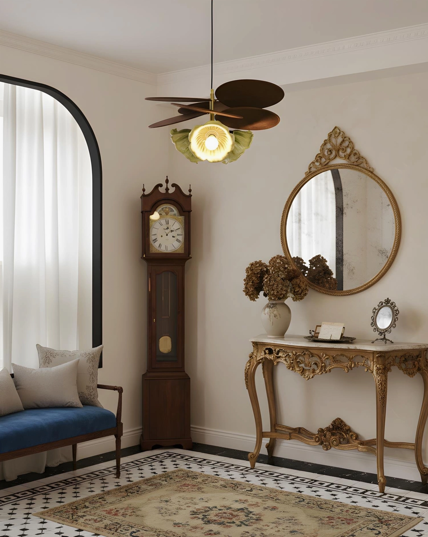 Magnolia ceramic pendant lamp in vintage entryway with classical French provincial furnishings and gilded mirror