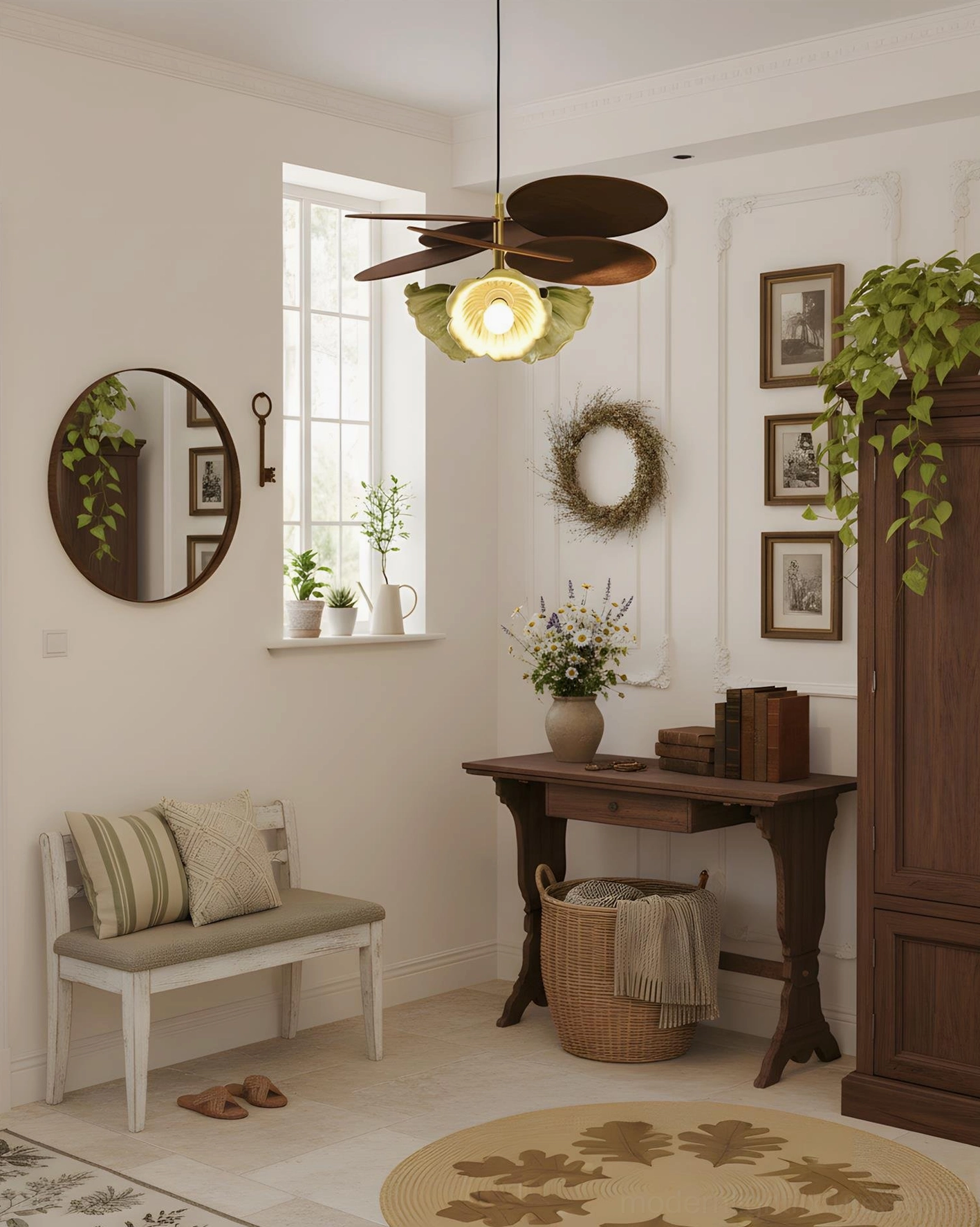 Magnolia floral ceiling pendant in warm rural vintage entry studio with wooden console table decor