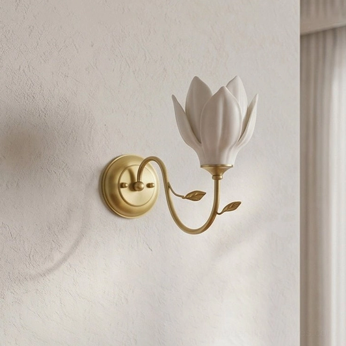 Magnolia bud wall sconce in brass finish with white ceramic flower, dimensional product view