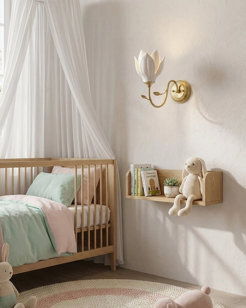 Single magnolia wall sconce in soft nursery bedroom above crib with neutral bedding and wall shelf