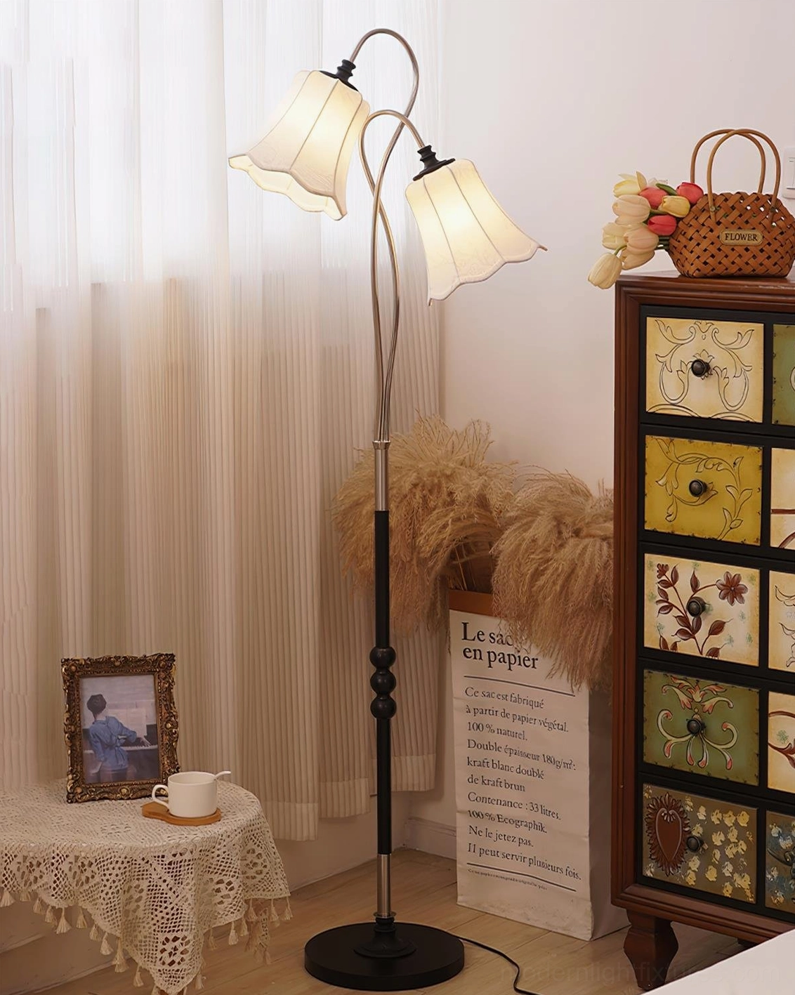 Magnolya vintage arc floor lamp curved metal design fabric shade ruffled detail warm light ambient lighting