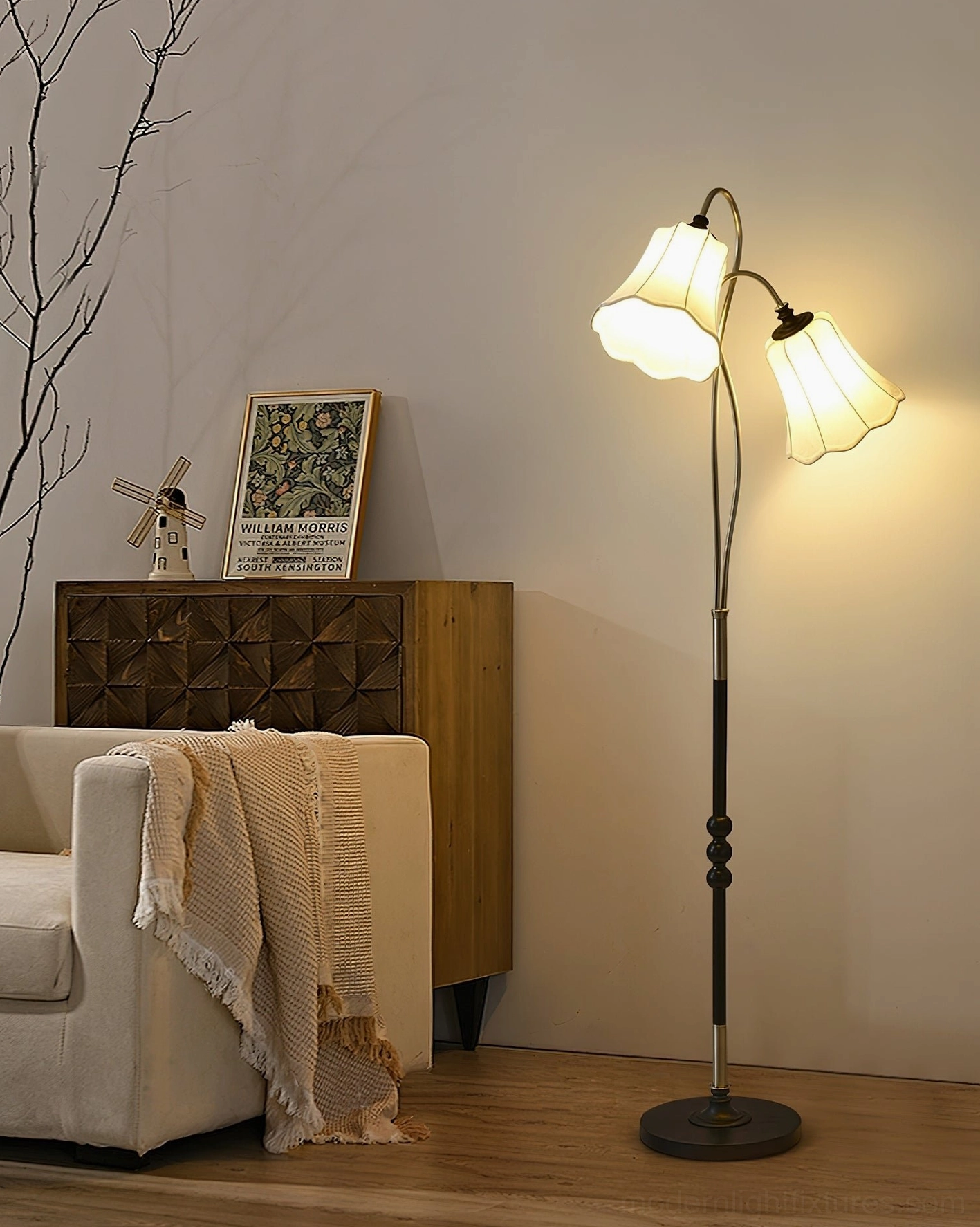 Magnolya vintage floor lamp detail shot patterned fabric shade decorative beaded metal pole walnut finish wood