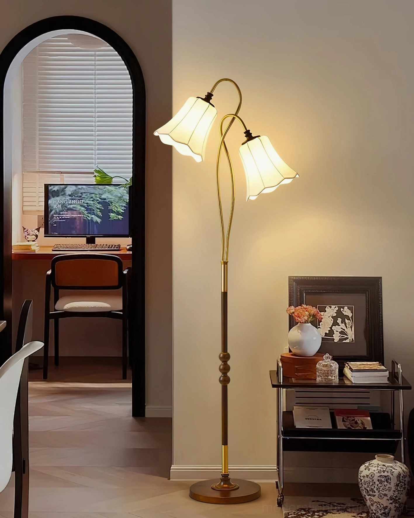 Magnolya floor lamp nickel finish metal framework wooden pole single and dual-head comparison product photography