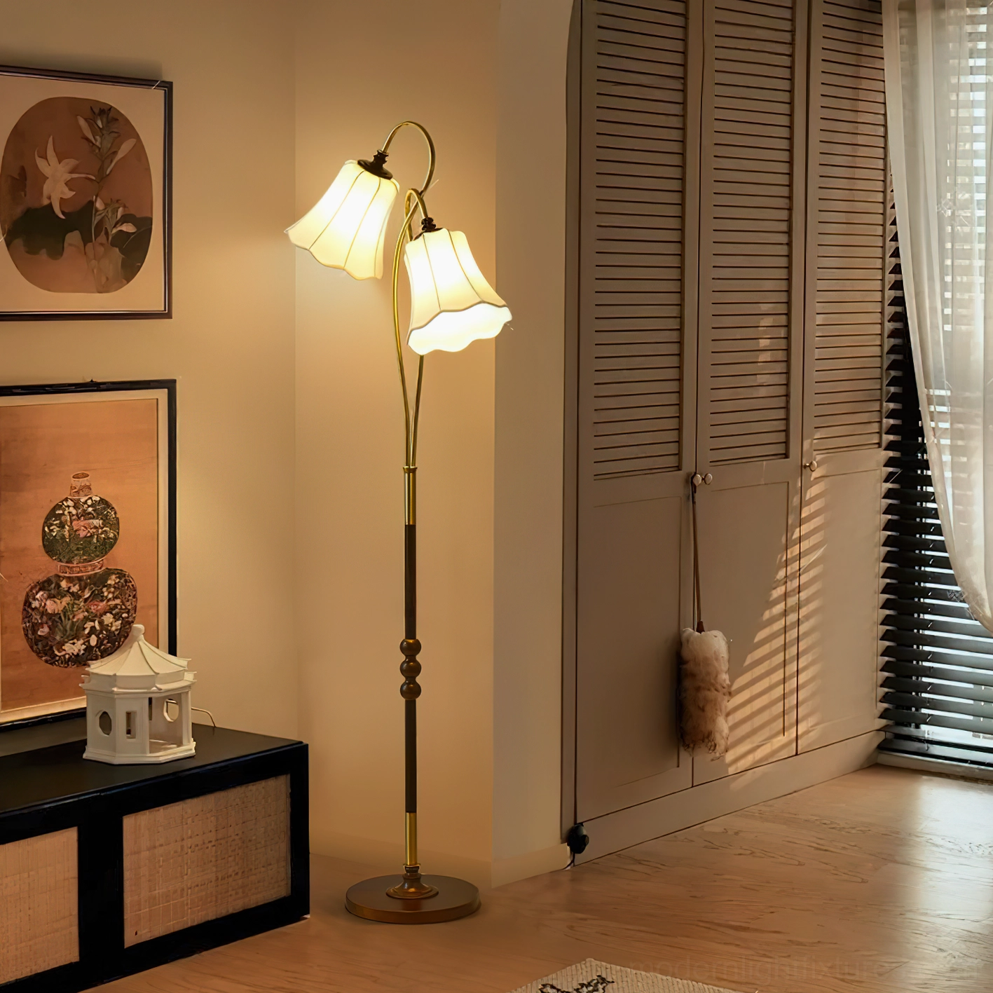 Magnolya retro floor lamp three-quarter view entryway, warm glowing light on decorative beaded metal pole with fabric shades