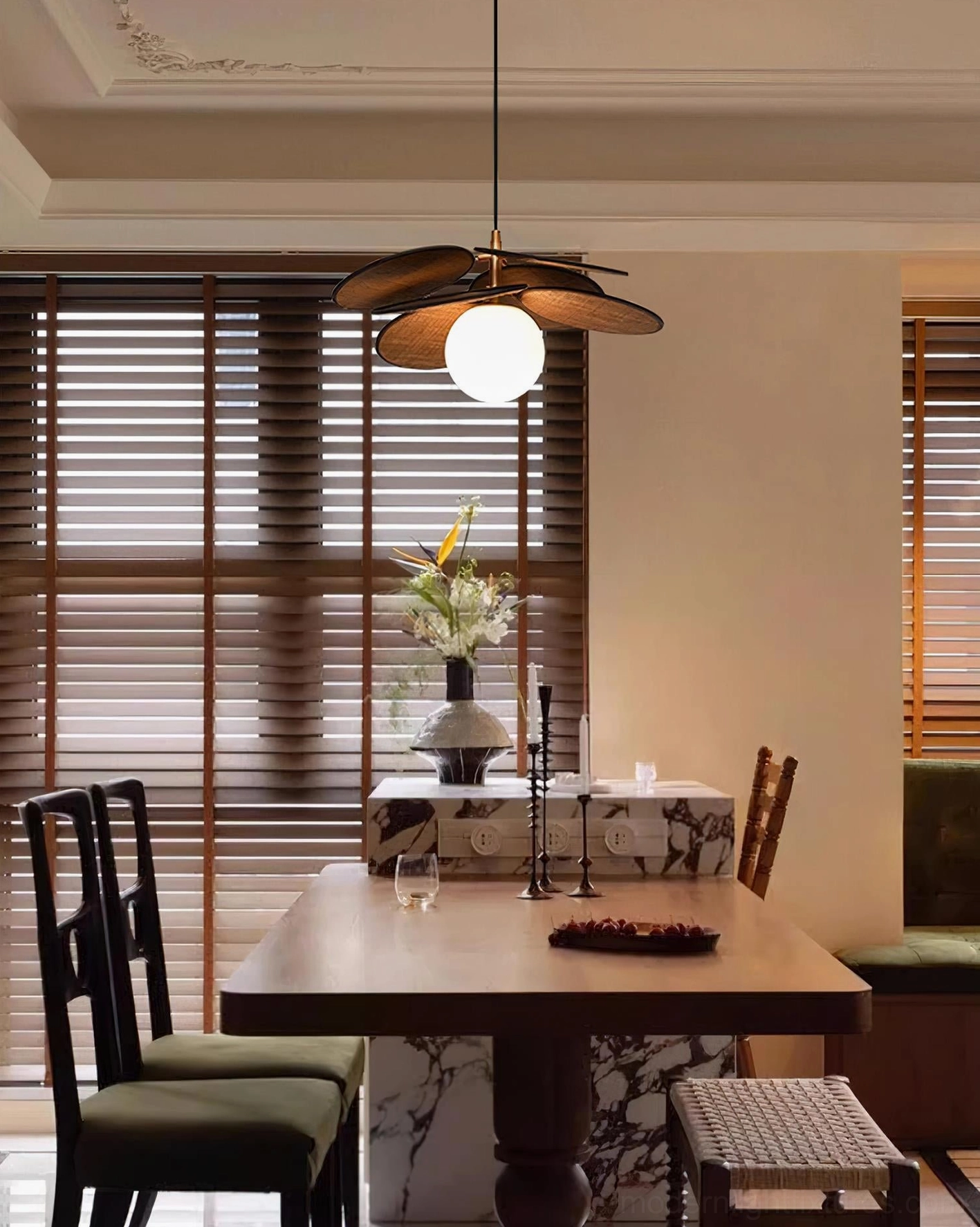 Mahalo wooden pendant lamp installation showing wire adjustment and ceiling mount configuration