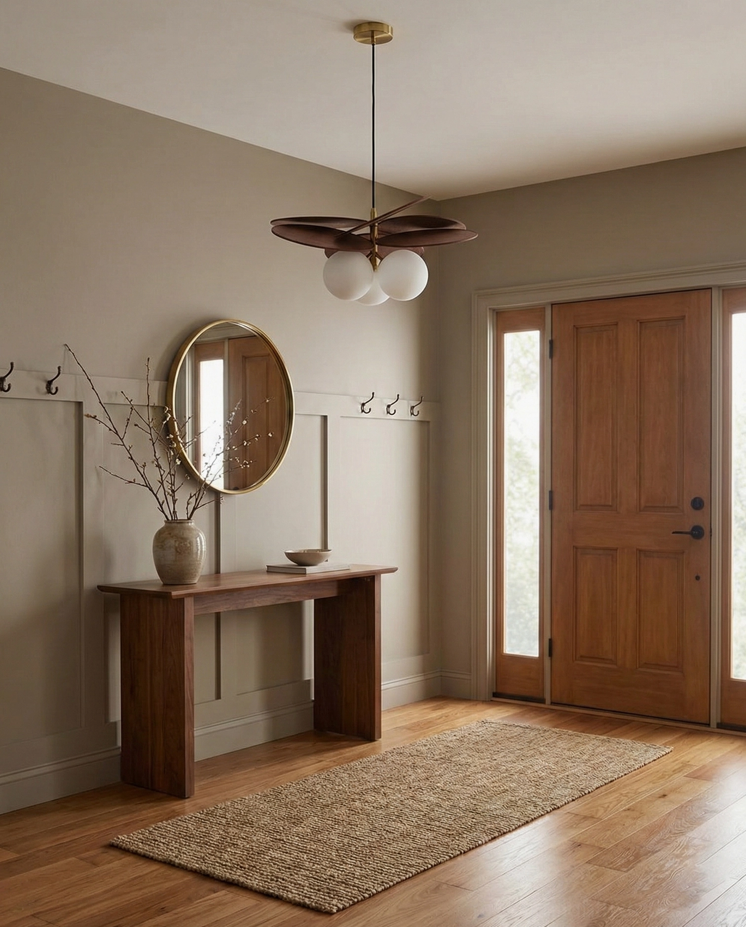 Mahalo wooden pendant lamp architectural side view showing sculptural wood petal arrangement