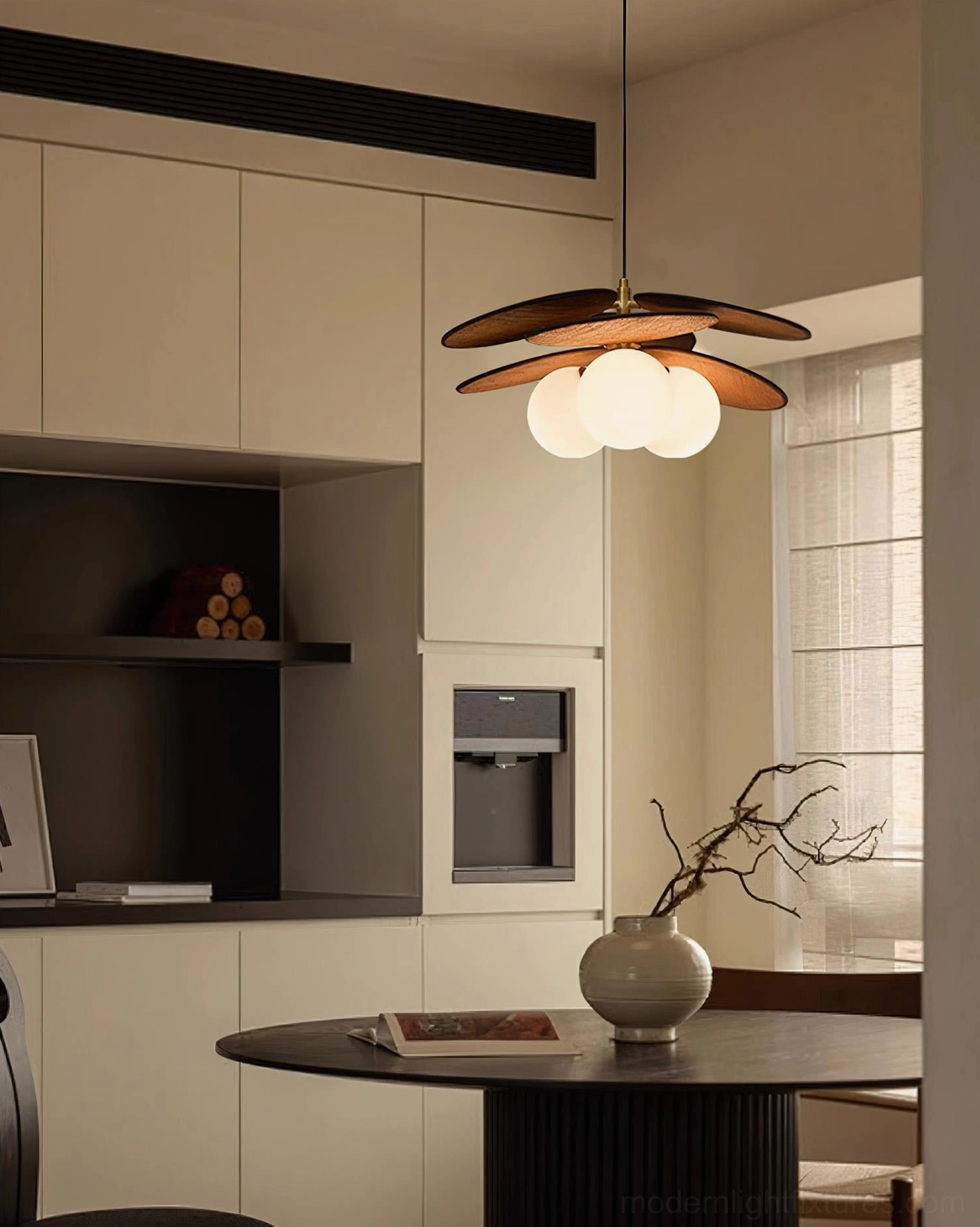 Mahalo wooden pendant lamp white finish version in contemporary bright interior space