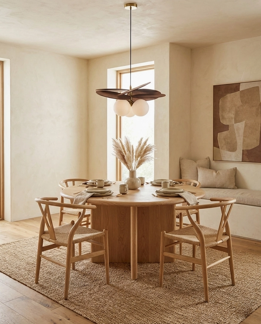 Mahalo pendant lamp in cozy dining nook with warm lighting, round dining table with tabletop accessories