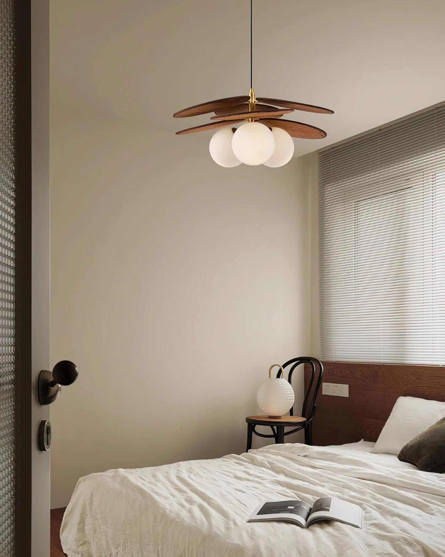Mahalo pendant light contemporary interior design element showing geometric wooden petal details