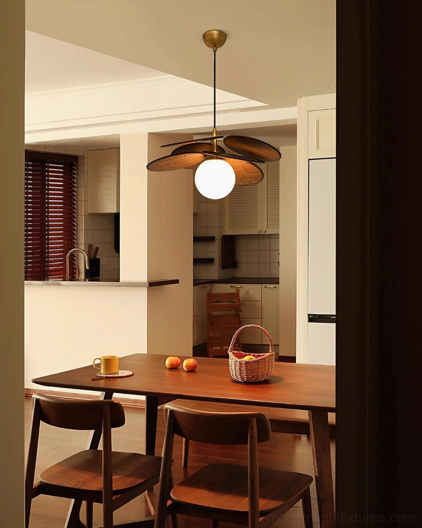 Mahalo pendant light showing frosted glass diffuser sphere and wooden frame construction