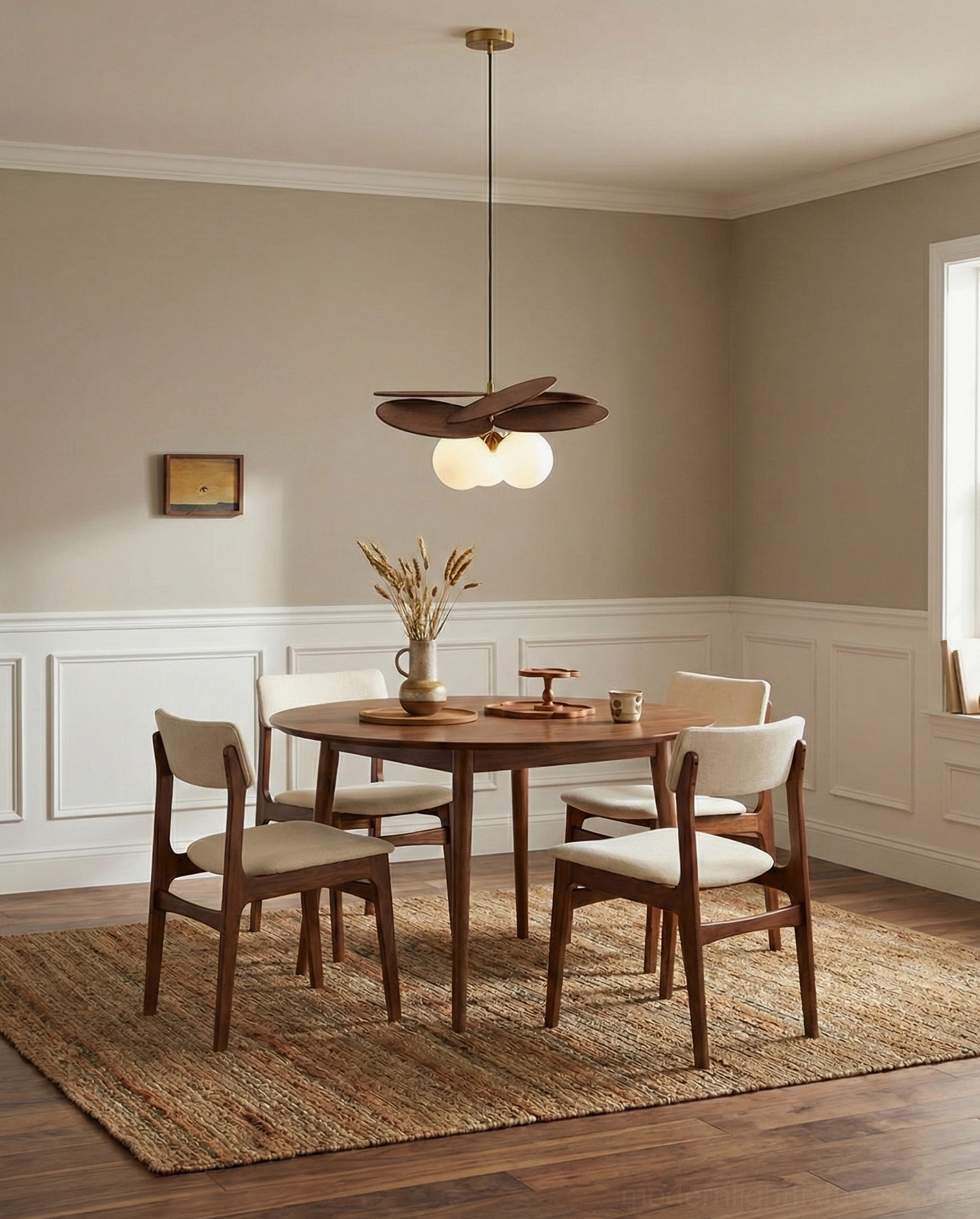 Mahalo pendant light with frosted glass globe and wooden petal construction detail photography