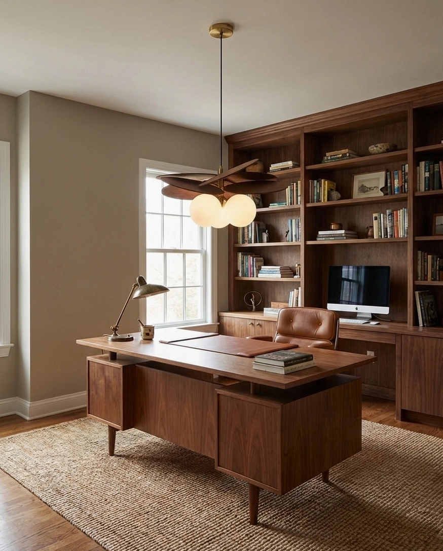 Mahalo wooden pendant light in home office workspace, dark wood design matching office furniture aesthetic