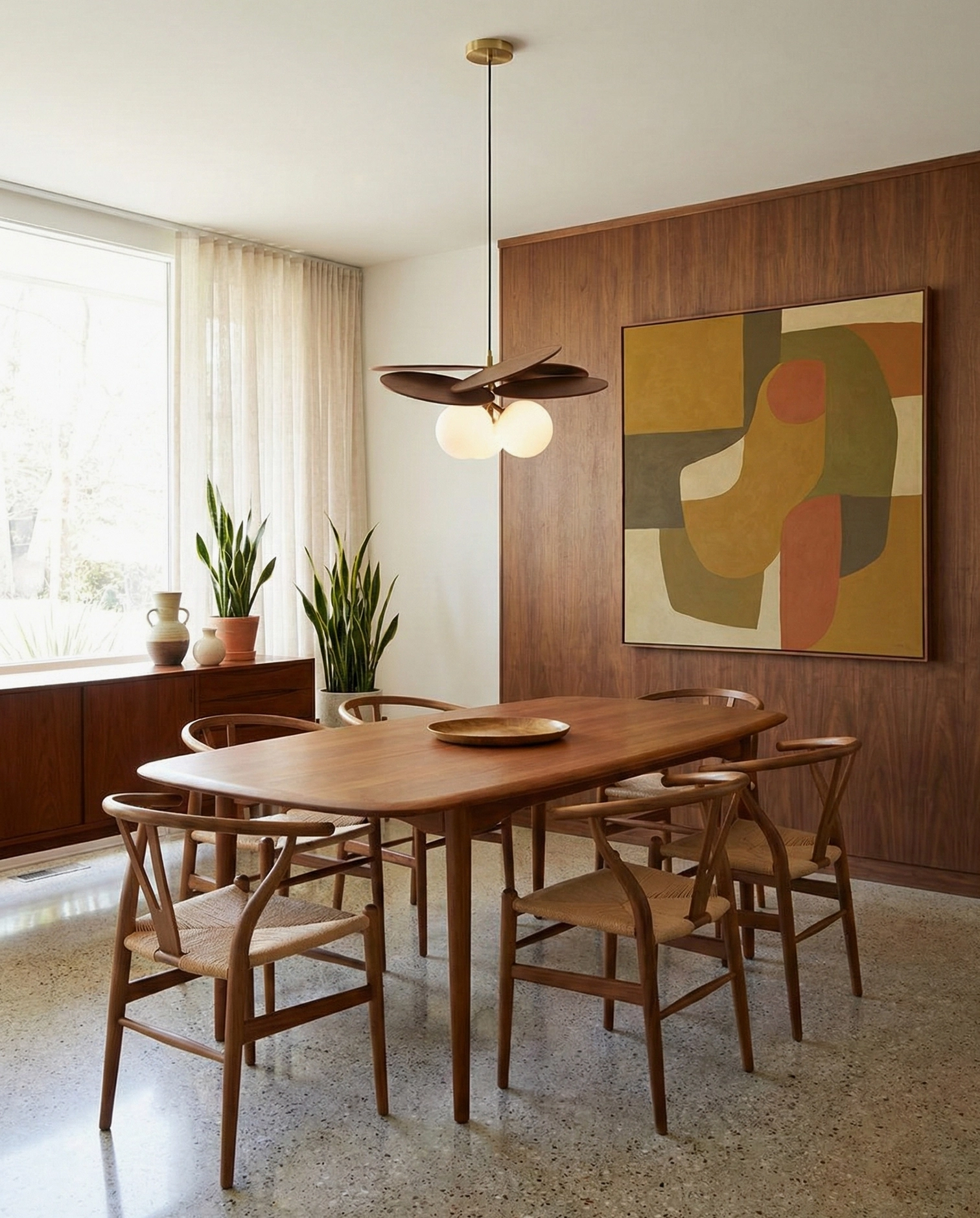 Mahalo wooden pendant light in mid-century modern dining room, walnut wood design coordinated with dining furniture
