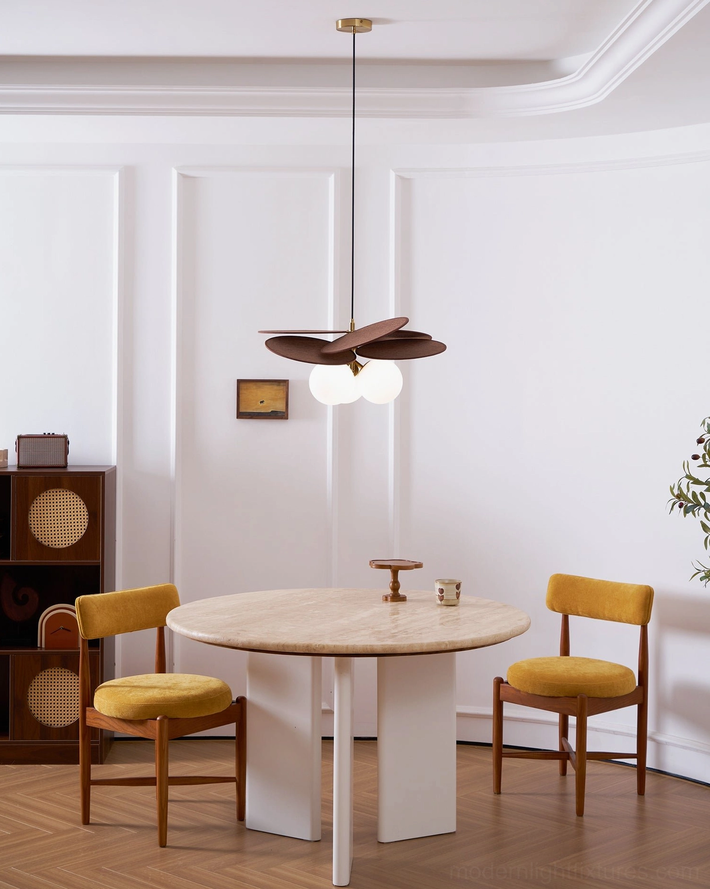 Mahalo pendant light mid-century modern bedroom ambiance with warm wood petal design