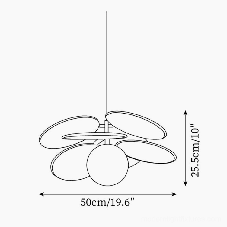 Mahalo single globe pendant lamp technical line drawing with dimensions 50cm width by 25.5cm height