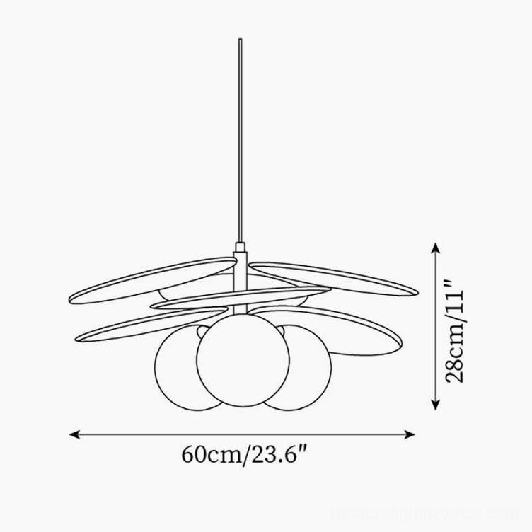 Mahalo triple globe pendant lamp technical line drawing with dimensions 60cm width by 28cm height