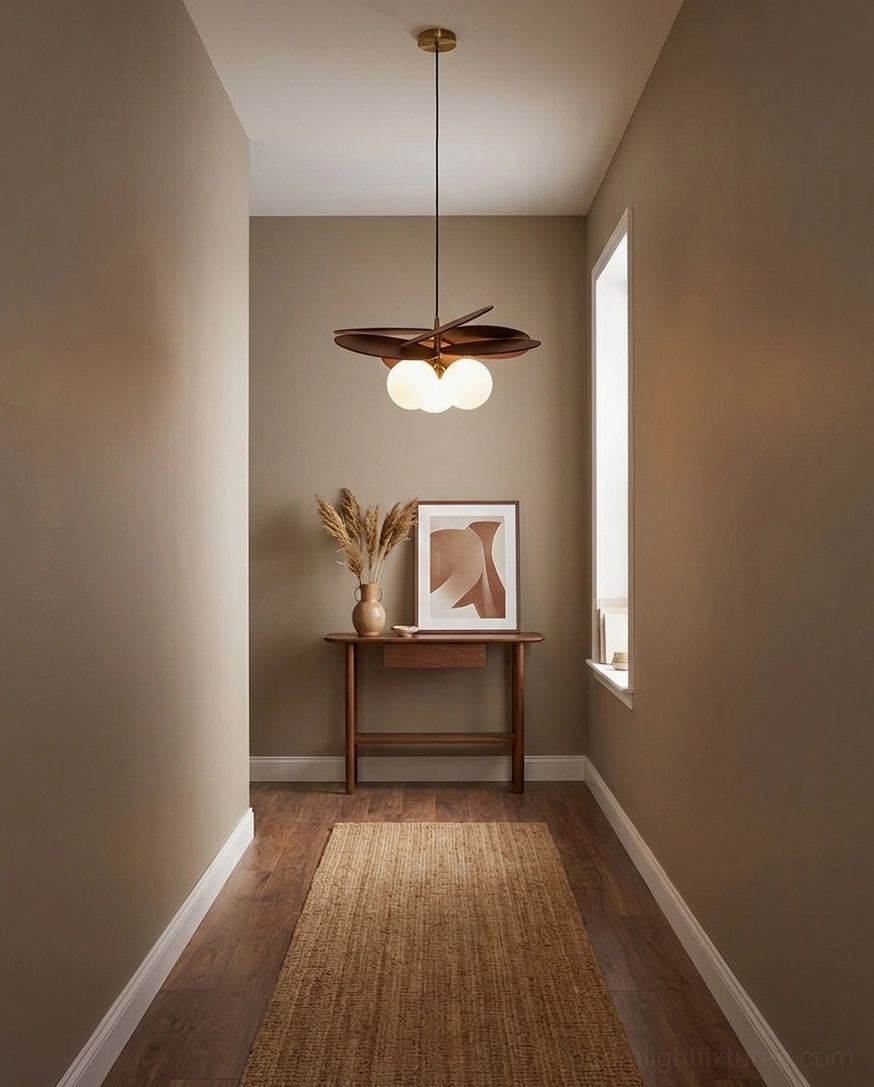 Mahalo wooden pendant light three-quarter view displaying organic globe form and wood finish