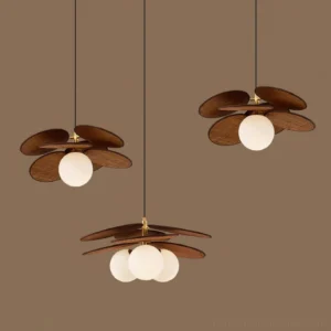 Mahalo pendant light collection showing three wooden globe variants in dark brown wood finish, product display comparison