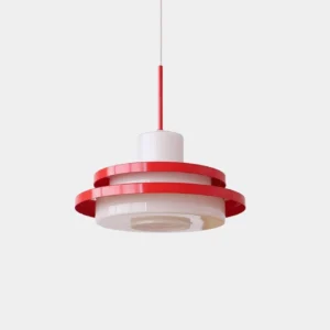 Maisie modern glass pendant light with red and white tiered shade design in studio setting