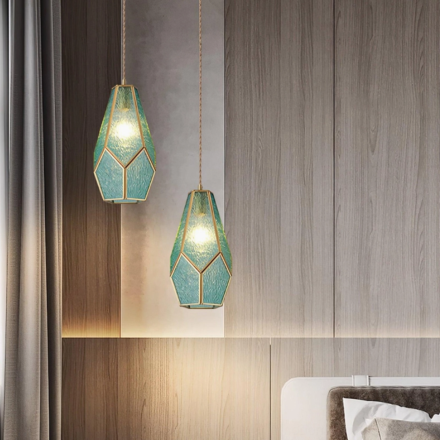 Maki blue geometric stained glass pendant light with brass frame, modern kitchen backsplash installation
