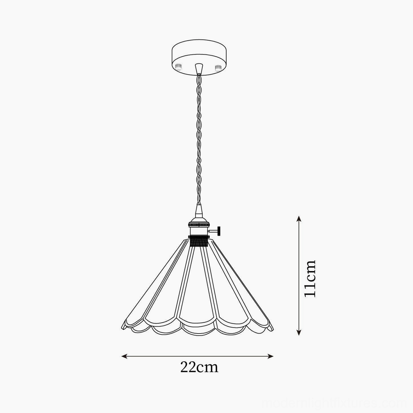 Maki Model A scalloped pendant lamp technical drawing and specifications, 22cm diameter