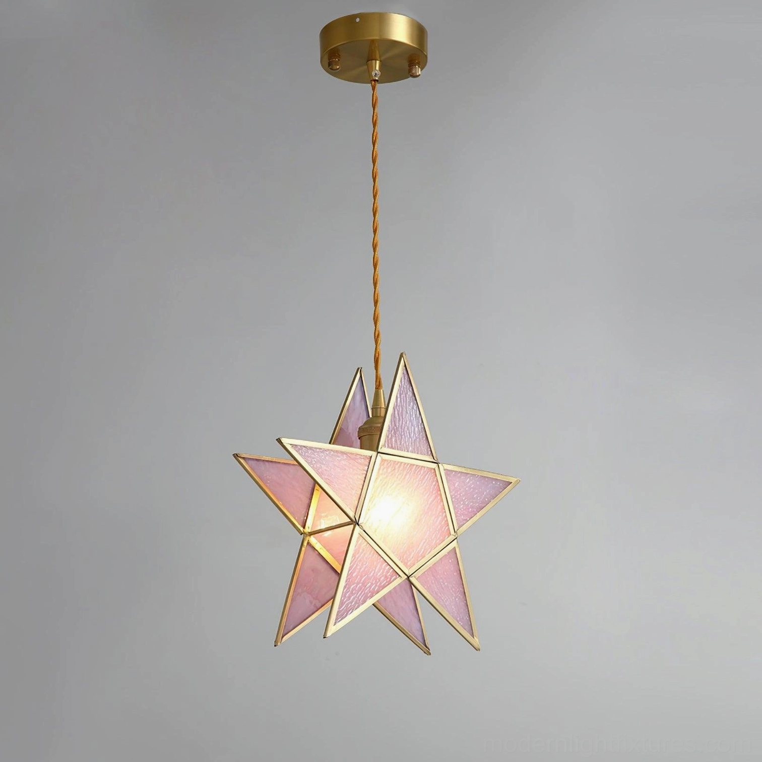 Maki Model C pink glass pendant light, larger star shape with vintage brass trim