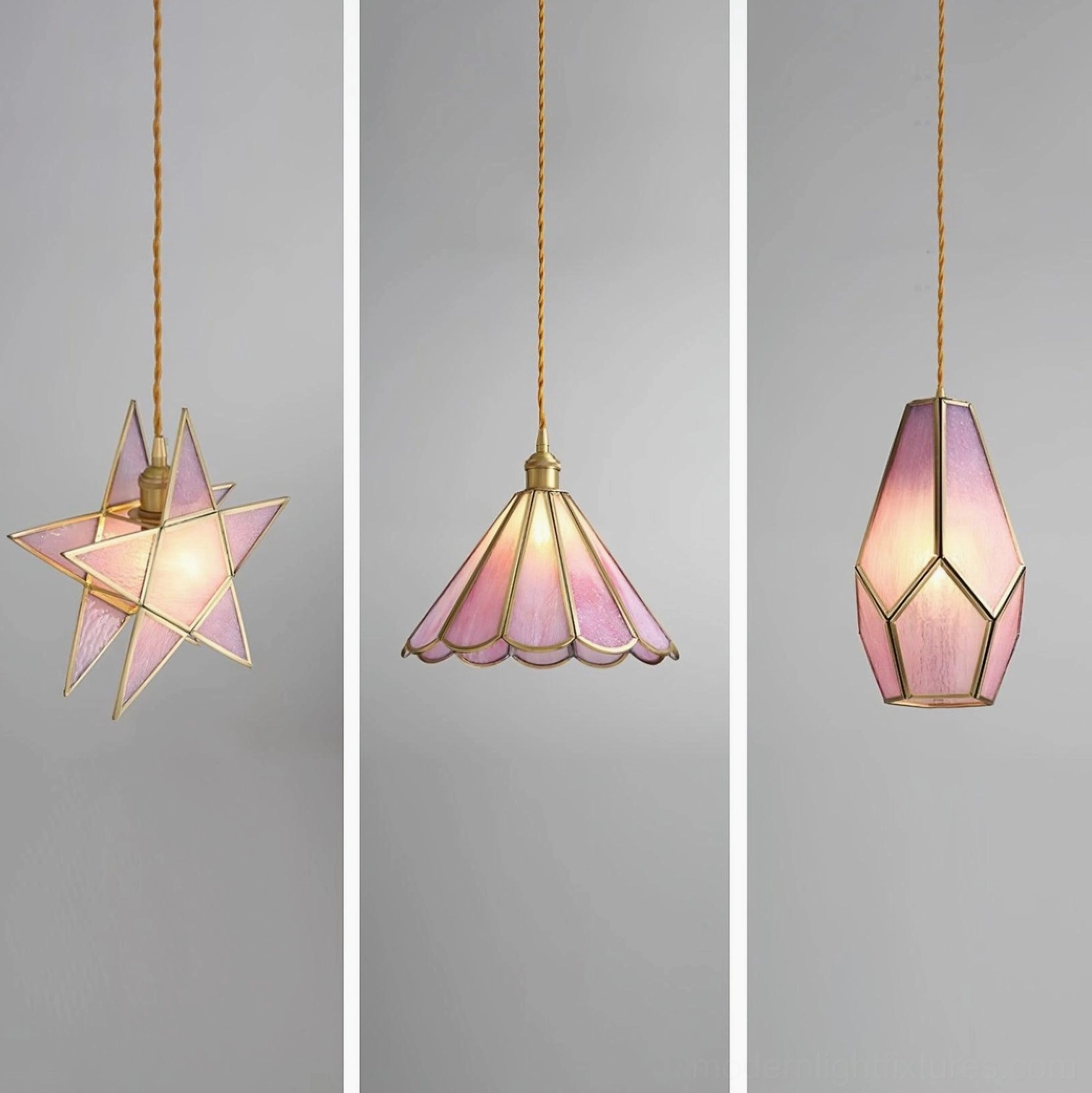 Maki glass pendant collection showing three available colors pink blue gold options