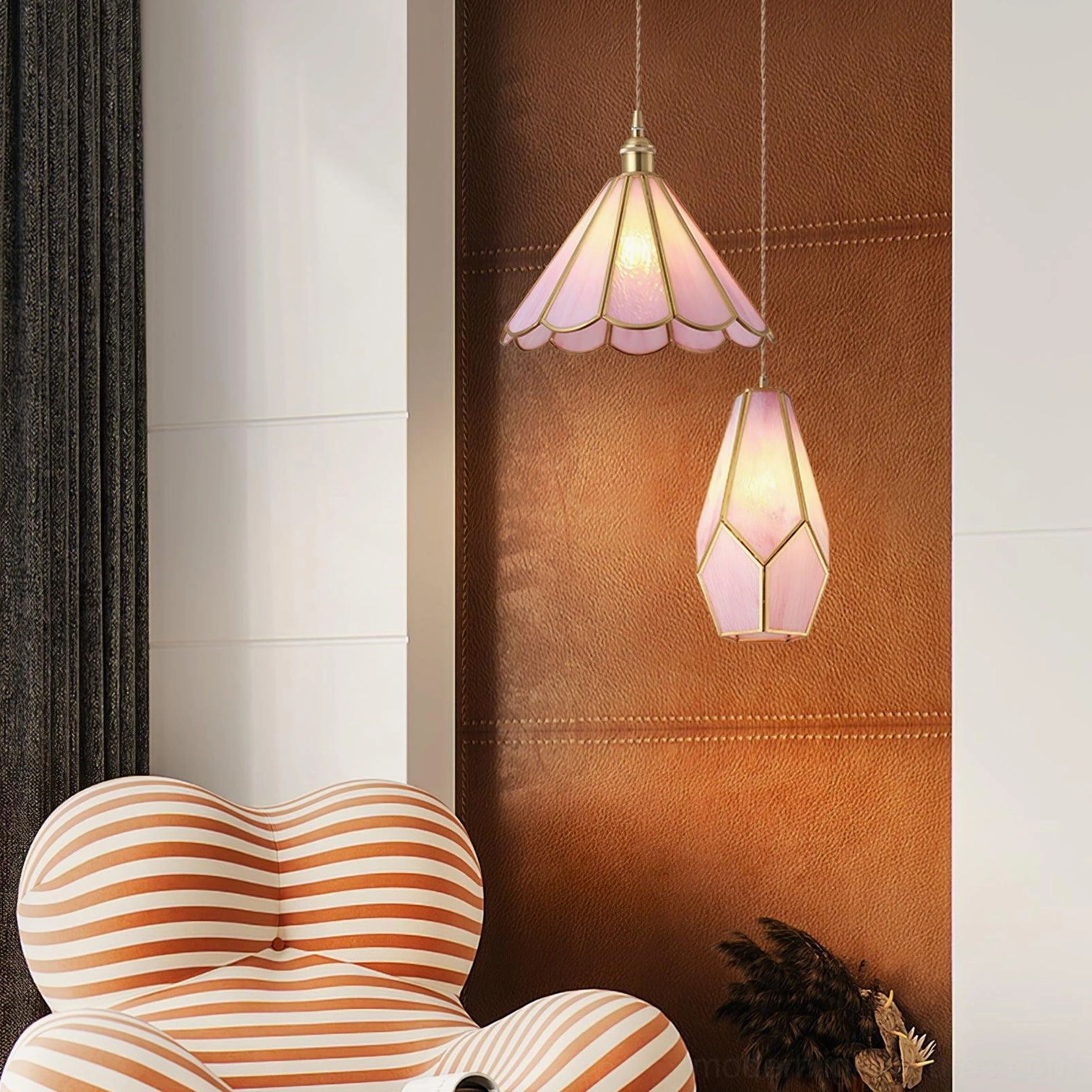 Maki vintage stained glass pendant fixtures, scalloped and diamond shapes with brass accents in luxury lounge