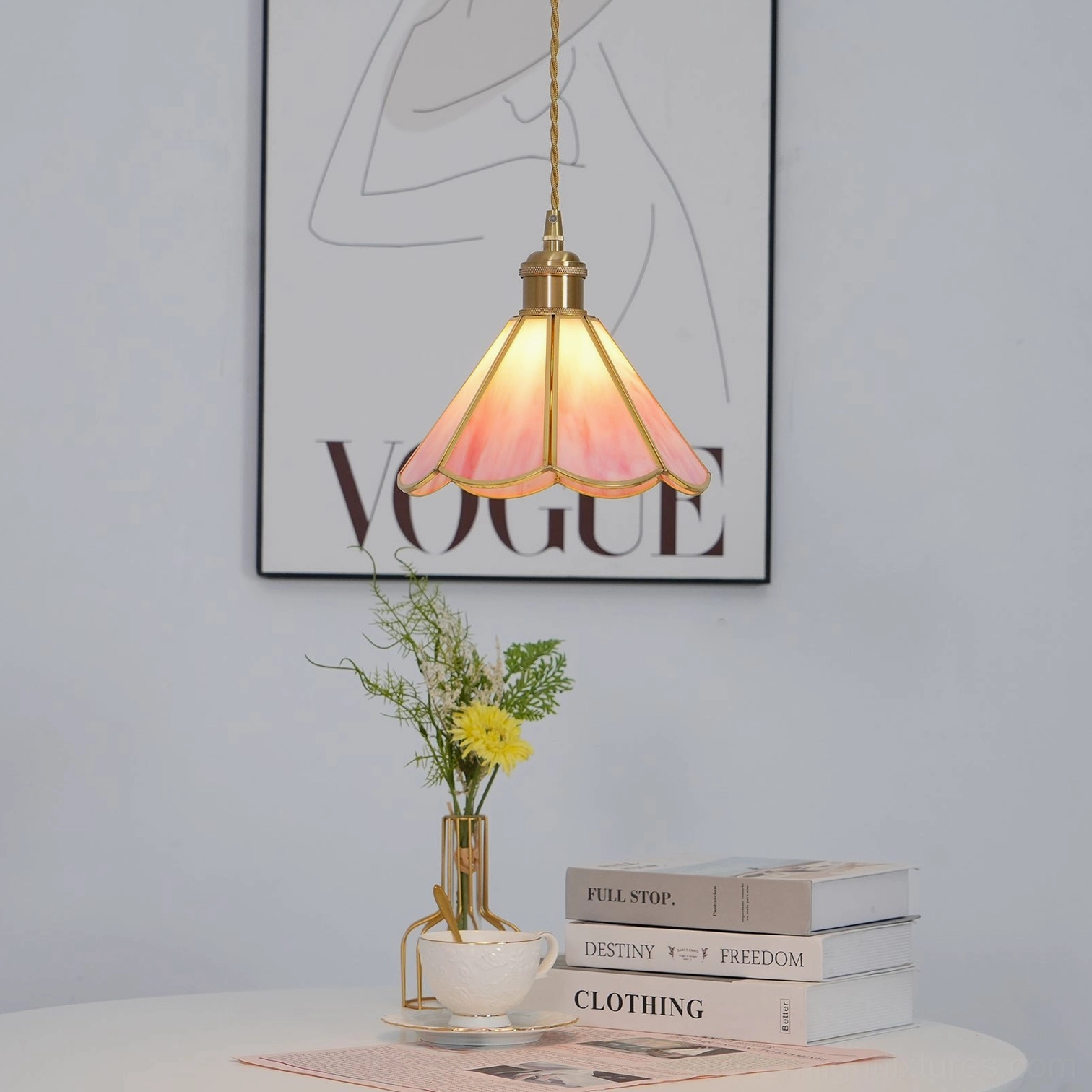 Maki scalloped pink glass pendant lamp, orthographic technical view specifications