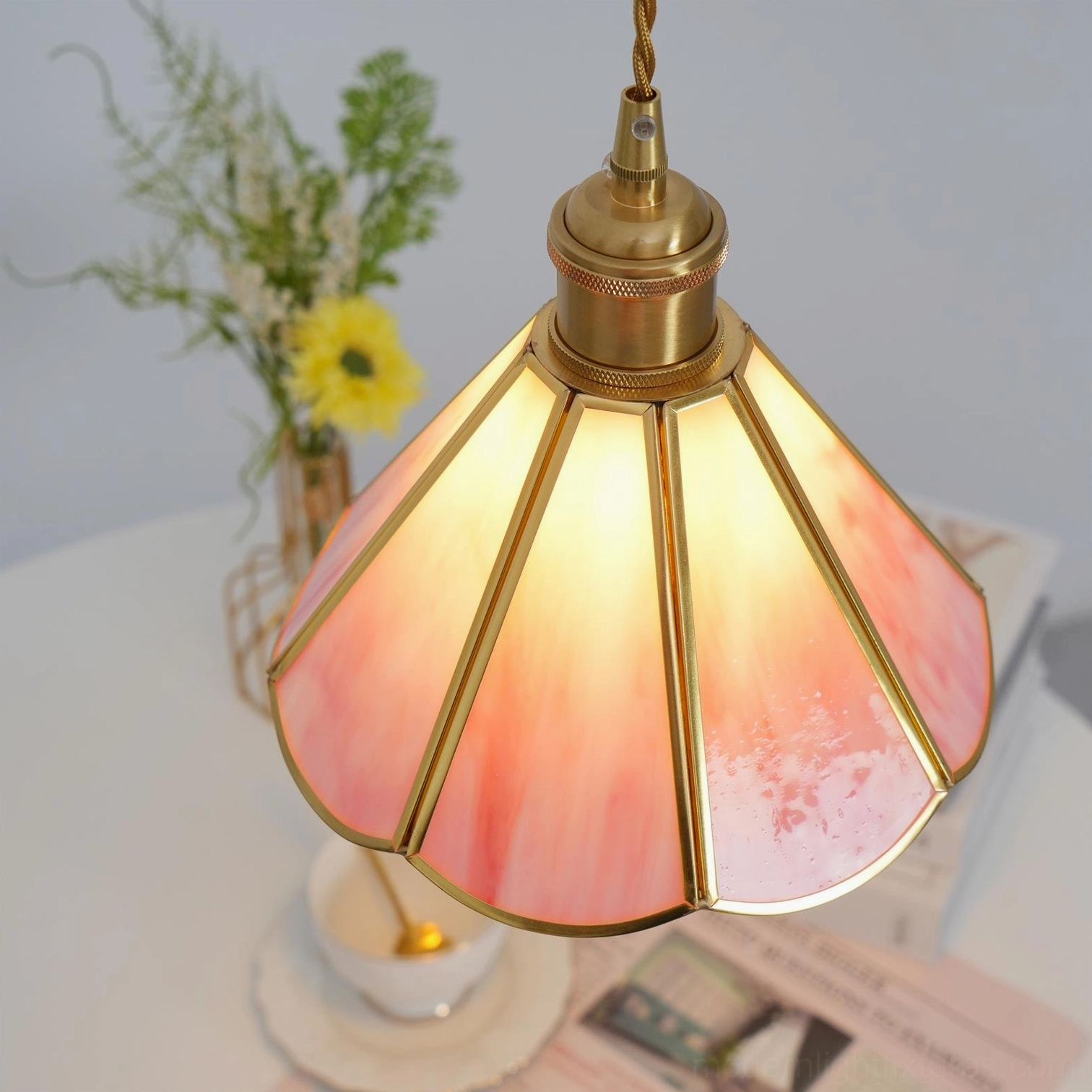 Maki glass pendant light watermark detail showing vintage stained glass craftsmanship