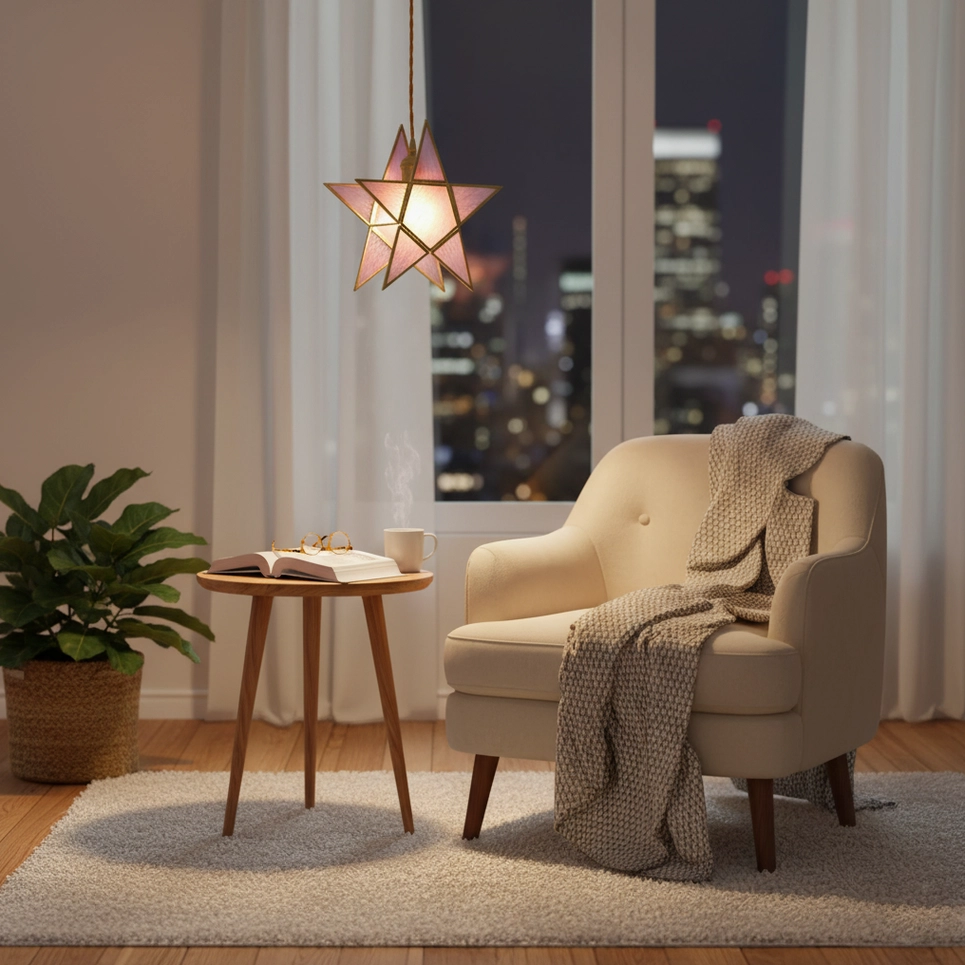 Maki pink glass pendant light installed in contemporary bedroom with accent wall